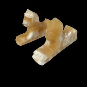 VTG PAIR GENUINE MCM EGYPTIAN ALABASTER STONE HAND CARVED STATUE OF SPHINX
